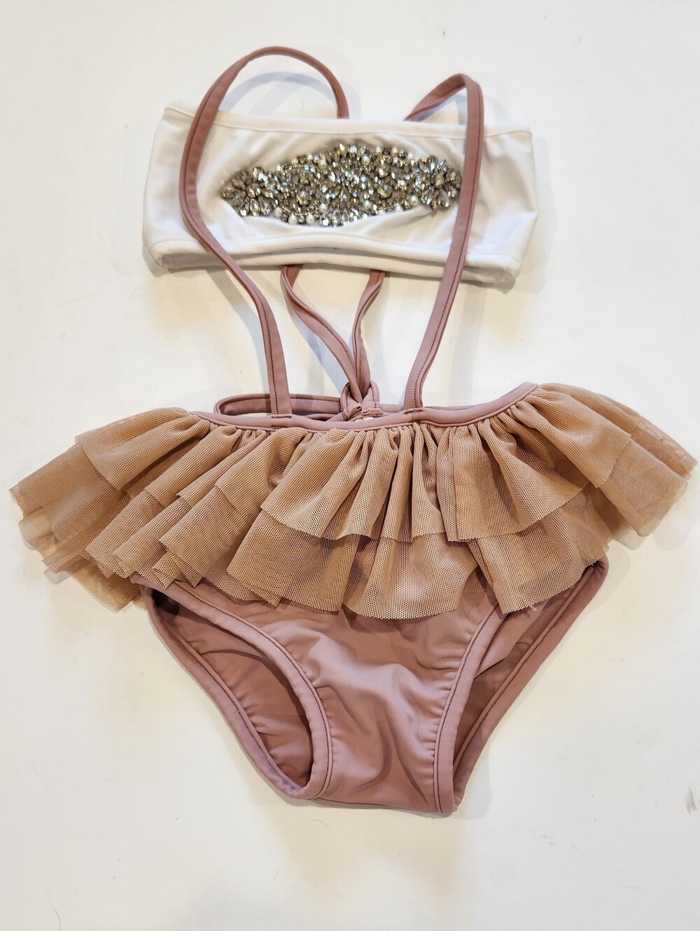 Fancy Shmancy Baby Girls Bling Tutu Suspender Swimsuit Bandeau 2 Piece Sz 4